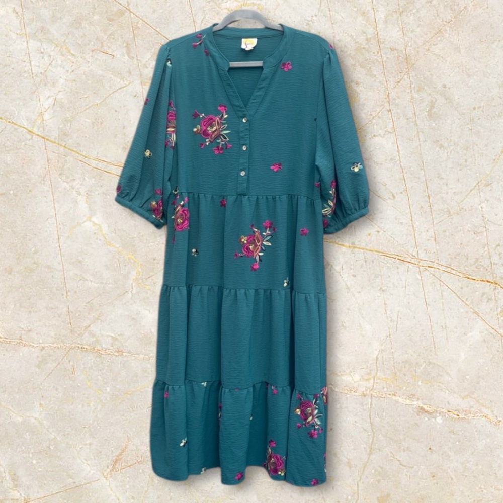 Fig and Flower by: Anthropologie Teal Dress with Pink Floral Accents Size: L